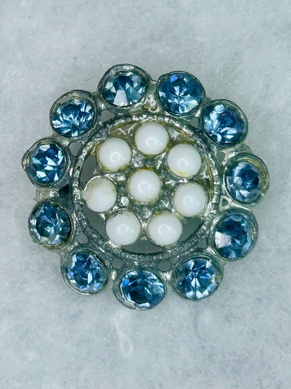 Vintage Blue Rhinestone & Milk Glass Circle Brooch (c. 1958–1963)